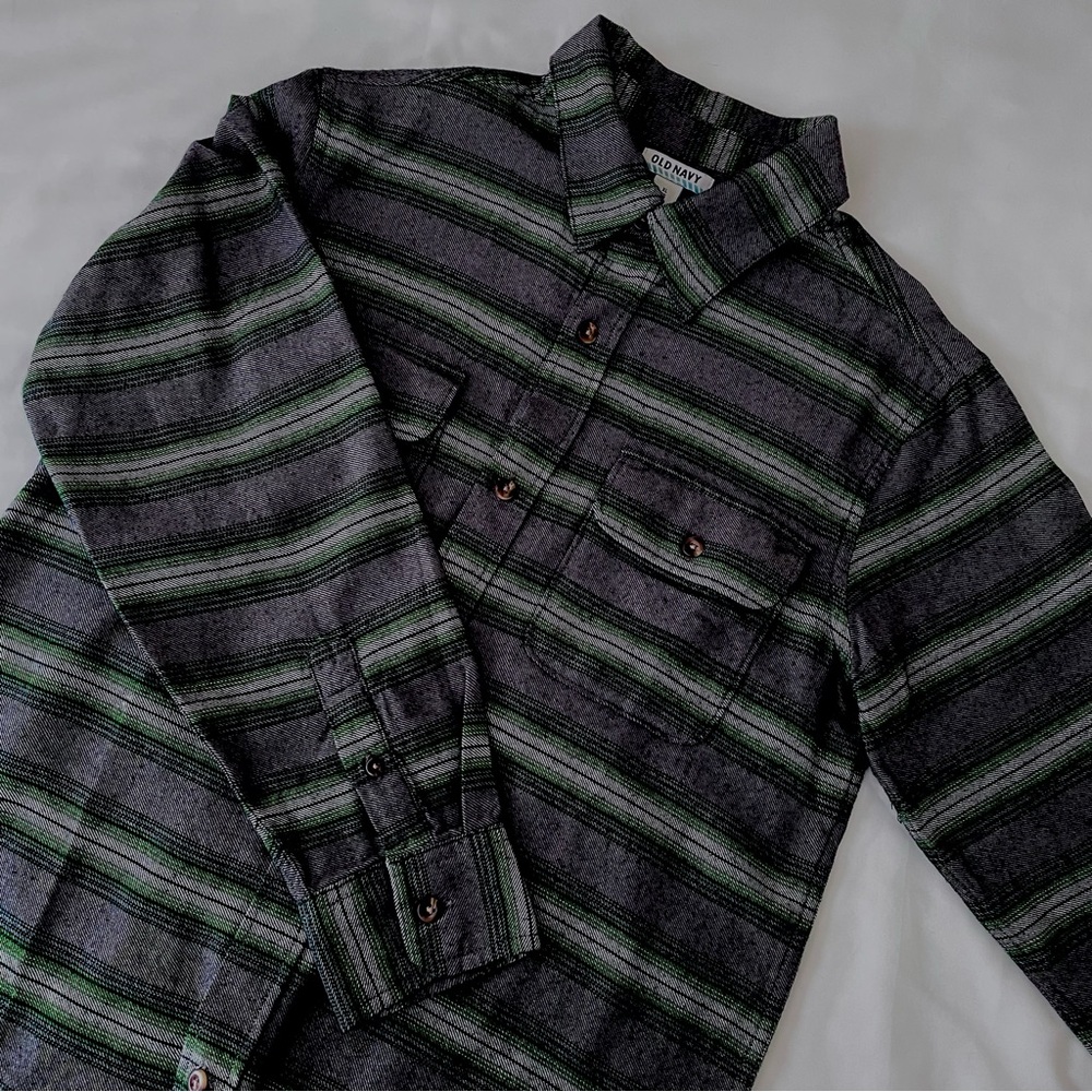 Old Navy, Boys Twill Button Down, Size XL, Charcoal Grey, Medium Grey and Green